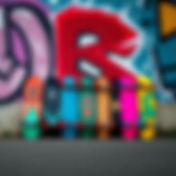 Colorful penny boards lined up against a graffiti wall