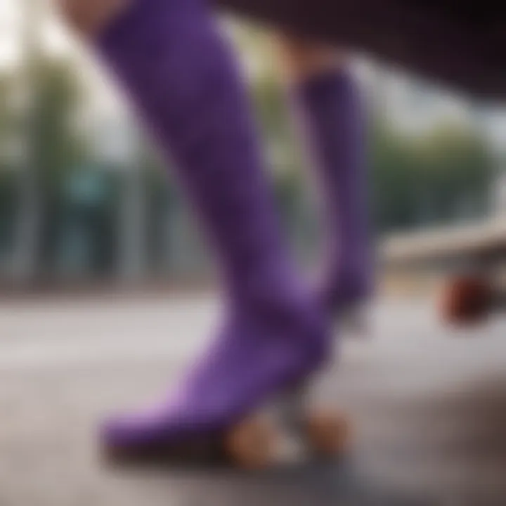 Close-up of purple Stance socks highlighting design details