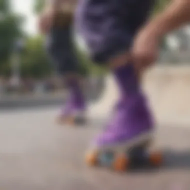 Group of skaters wearing purple Stance socks at a skate park