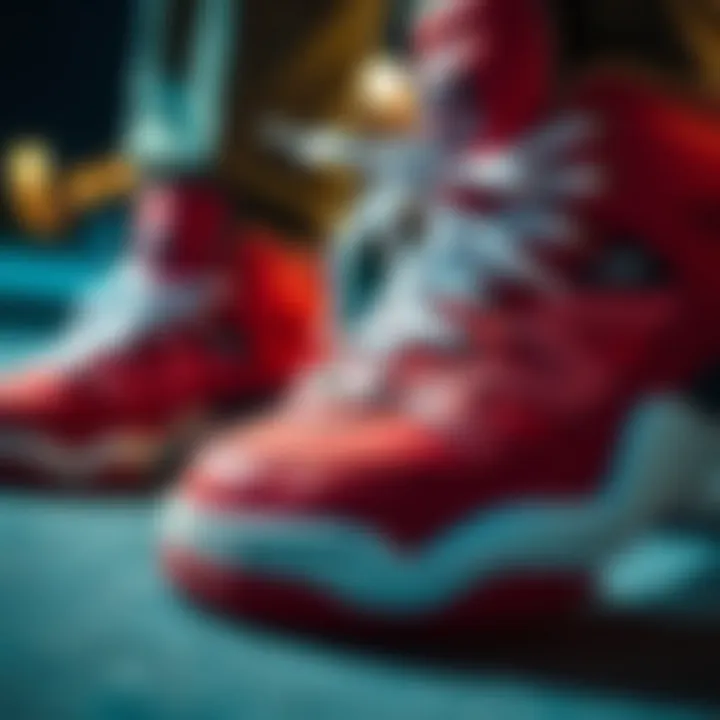 A close-up view of red Filas sneakers highlighting their unique design features