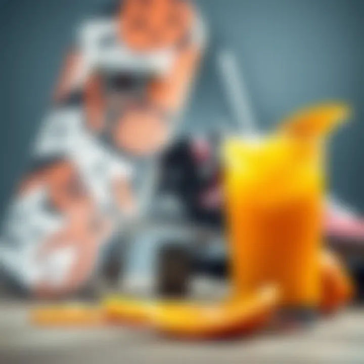 A refreshing glass of orange juice next to skateboard gear