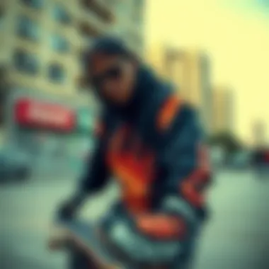 Urban Expression through Riot Clothing A skateboarder showcasing riot clothing in an urban setting