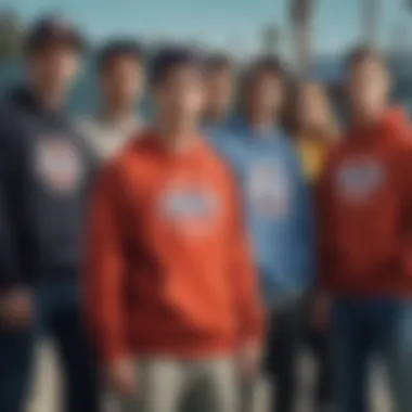 Group of skaters showcasing diverse styles in Santa Cruz sweatshirts