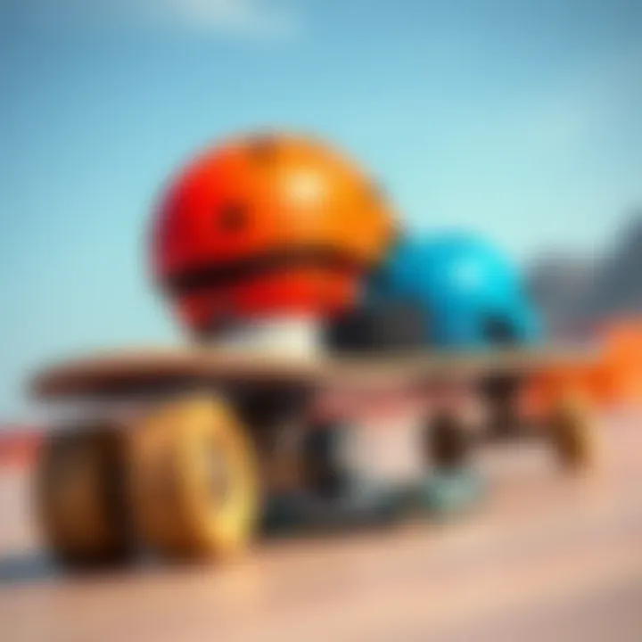 Illustration of skateboard accessories like grip tape and helmets