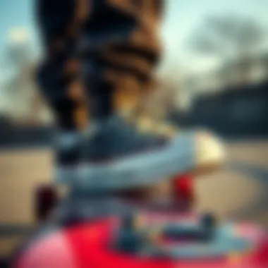 A close-up of Converse sneakers on a skateboard.