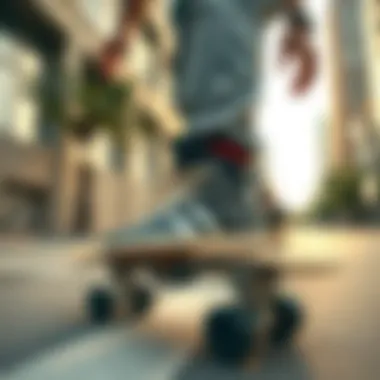 A skateboarder using the shoes that convert into skates in an urban setting