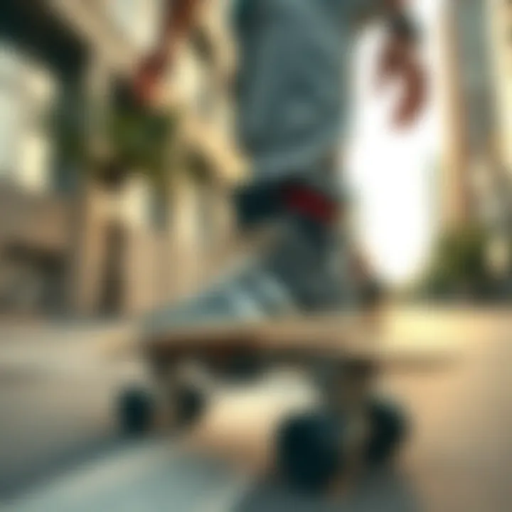 A skateboarder using the shoes that convert into skates in an urban setting