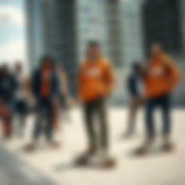 Collective Identity in Skate Culture Group of skateboarders with orange camouflage Vans in an urban setting