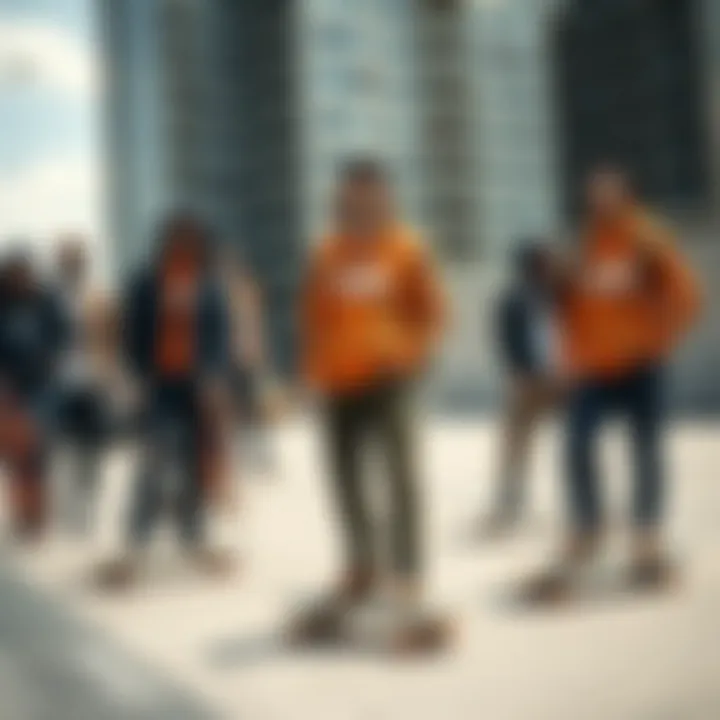 Collective Identity in Skate Culture Group of skateboarders with orange camouflage Vans in an urban setting