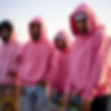 Community and Expression in Skateboarding A group of skateboarders wearing pastel pink hoodies, capturing the essence of community and self-expression in skate culture.