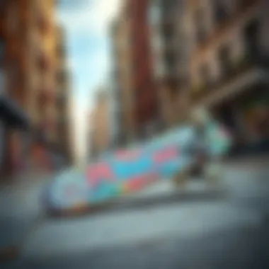 Urban Skateboard with Manga Griptape Skateboard showcasing a colorful manga griptape against an urban backdrop.