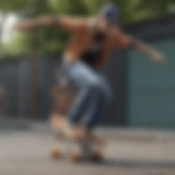 A skateboarder performing tricks in stylish matching clothing.