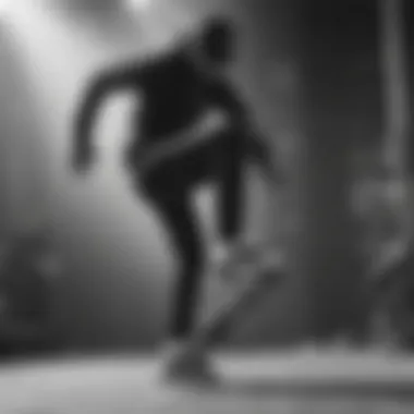 A skateboarder performing tricks in Adidas black and white apparel