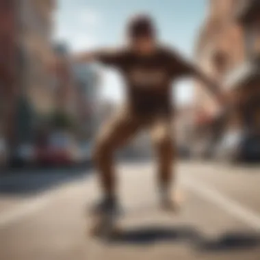 A skateboarder performing tricks while wearing a brown checkered fanny pack, highlighting its practicality.