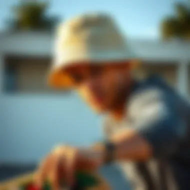 Fashion Statement in Action A skateboarder showcasing a fashionable bucket hat.