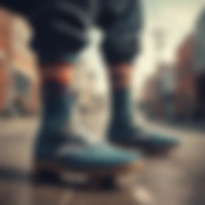 Close-up of a skateboarder wearing stylish crew socks during a trick