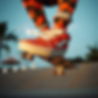 Skateboarding in Style with Orange Camouflage Vans Skateboarder wearing orange camouflage Vans while performing a trick