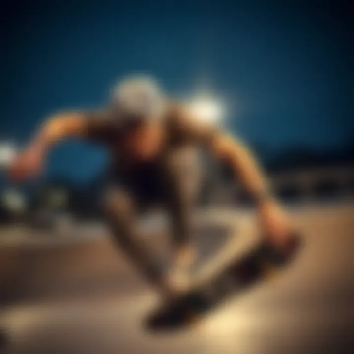 Skateboarder in Action A skateboarder wearing a mesh snapback trucker hat during a trick in a skate park.