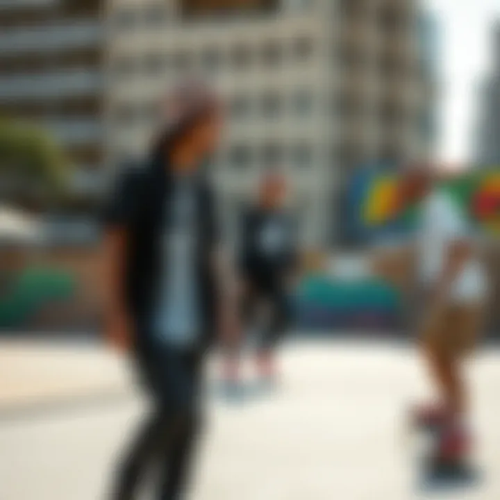 A group of skateboarders wearing Sendero hats in an urban skatepark