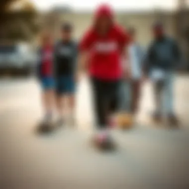 A group of skateboarders showcasing their style while wearing red Filas sneakers