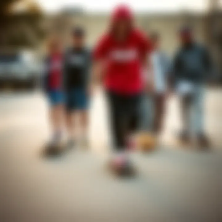 A group of skateboarders showcasing their style while wearing red Filas sneakers