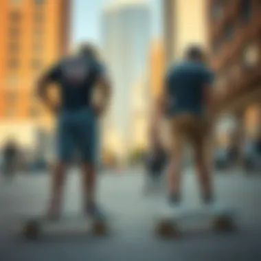 Group of skateboarders wearing heavy cotton shorts in urban setting