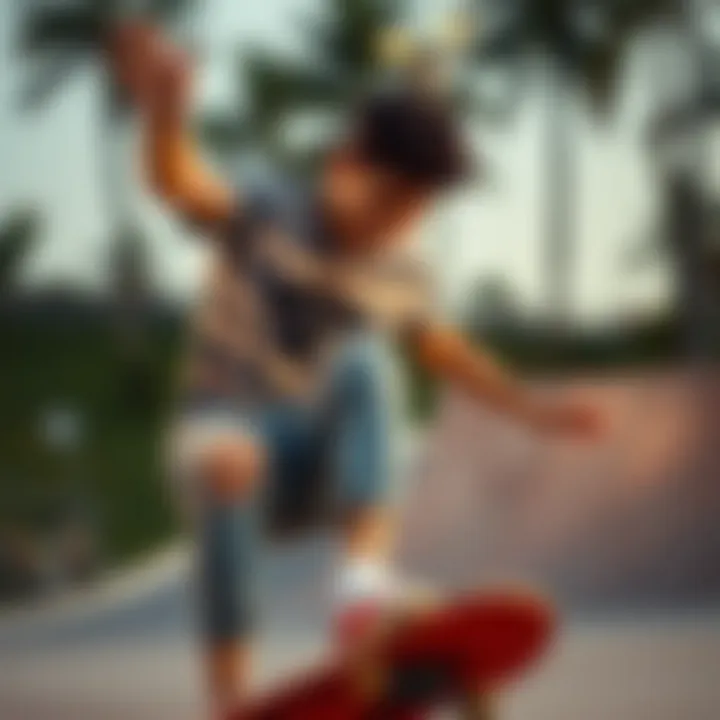 An individual wearing a perfectly fitted graphic tee while performing a trick on a skateboard.