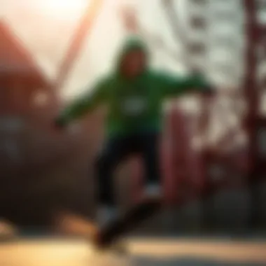 Functionality in Motion: Skate Culture and Sweatshirts Skateboarder showcasing dynamic movement while wearing a green graphic sweatshirt