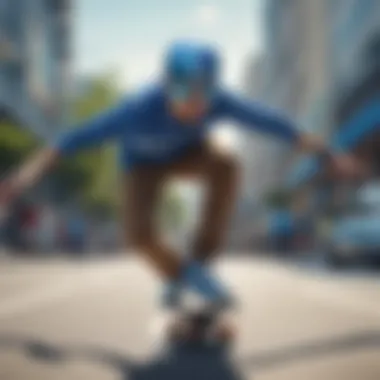 A skater performing tricks while wearing stylish clear blue lens glasses.