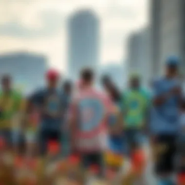 Community of Skaters in Tie Dye Fashion A group of skaters gathered, all sporting unique tie dye shirts in an urban setting