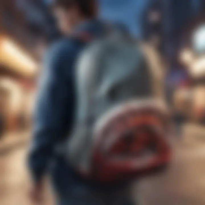 User showcasing the backpack in urban setting