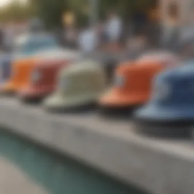 A group of teens wearing bucket hats at a skate park, capturing the essence of skate culture.