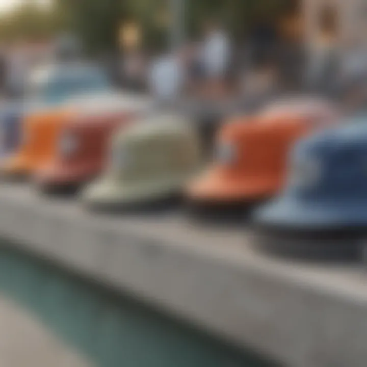 A group of teens wearing bucket hats at a skate park, capturing the essence of skate culture.