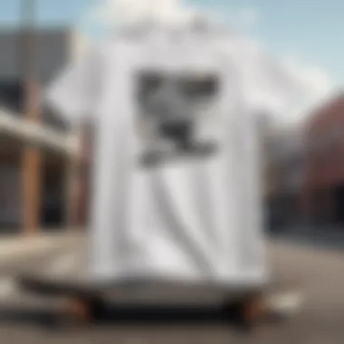 White Tee with Black Stripes and Skateboard Artistic representation of a white tee with black stripes hanging on a skateboard