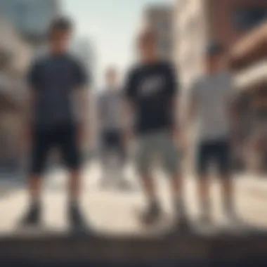 Group of skateboarders wearing striped tees in an urban setting