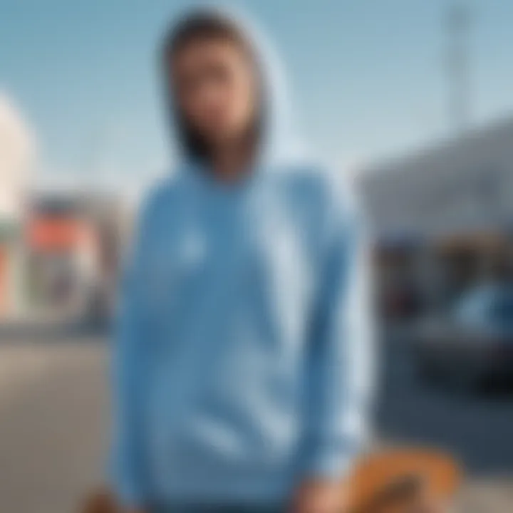 A stylish light blue hoodie draped over a skateboard, symbolizing the blend of fashion and sport in skate culture.