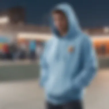 An outdoor skate park scene featuring light blue hoodies, highlighting the aesthetic appeal and cultural significance.