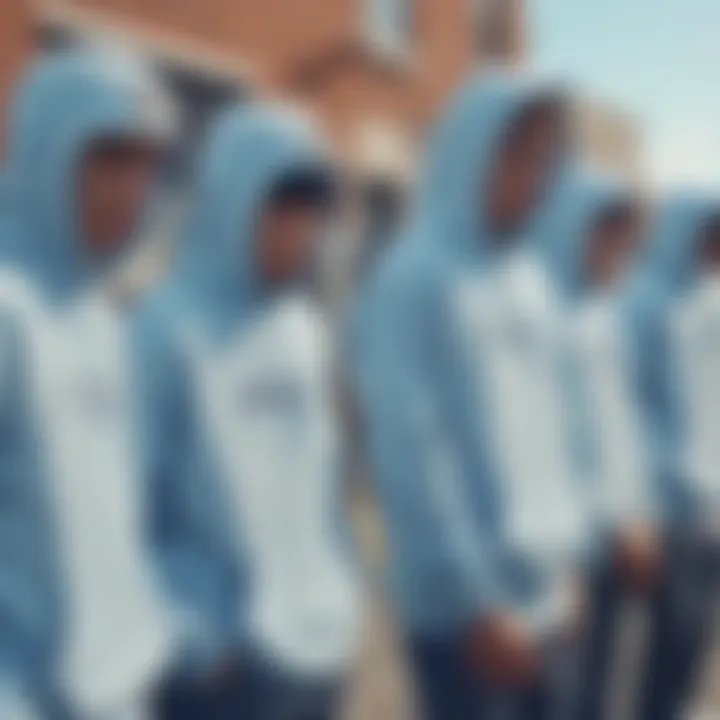 A group of skateboarders wearing light blue hoodies in an urban setting, showcasing the social aspect of skate culture.