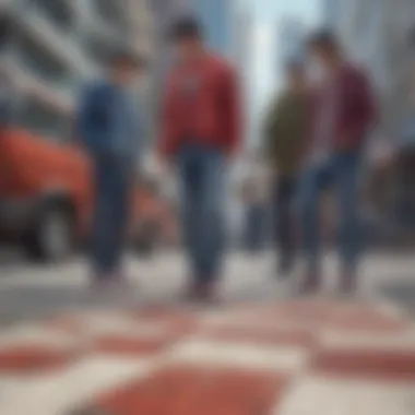 An urban street scene featuring individuals wearing red and blue checkered Vans