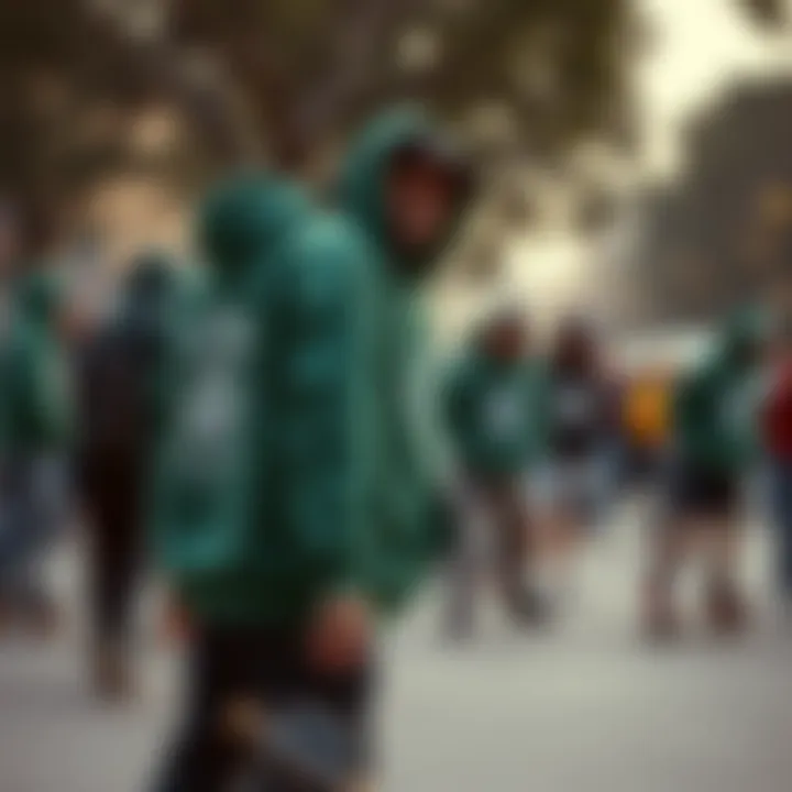 Skateboarding Community in Green Hoodies A group of skateboarders wearing green graphic hoodies, highlighting community and identity