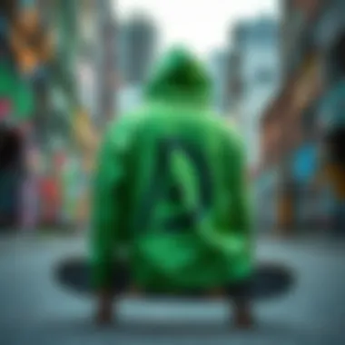 Urban Vibes of the Green Graphic Hoodie A vibrant green graphic hoodie displayed on a skateboard against a colorful urban backdrop
