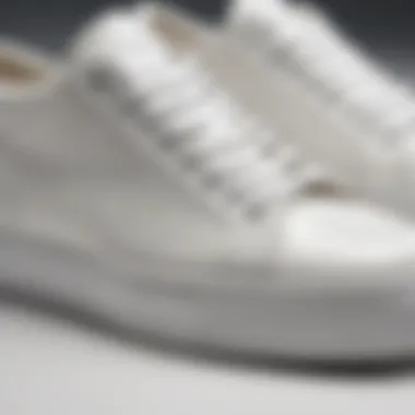 Close-up of white leather skate shoes showcasing intricate stitching and material quality