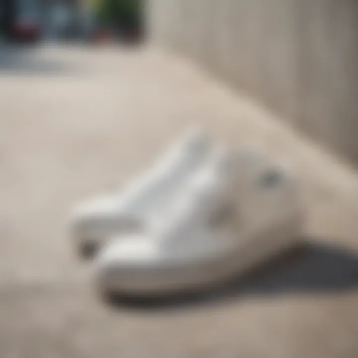 A pair of pristine white leather skate shoes on a textured urban surface