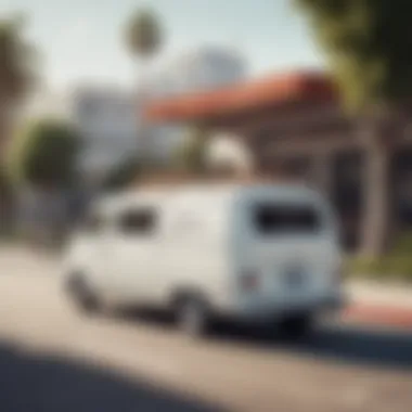 A classic white vintage van parked beside a skate park, showcasing its timeless design.