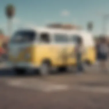 A gathering of friends by a vintage van, symbolizing the lifestyle associated with skate culture.