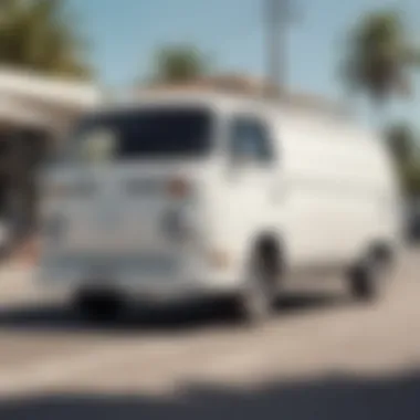 Skateboarders enjoying a session near a white vintage van, illustrating their cultural integration.