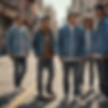 A group of skateboarders wearing jean jackets in an urban setting