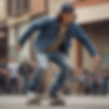 Skater performing a trick while wearing a jean jacket