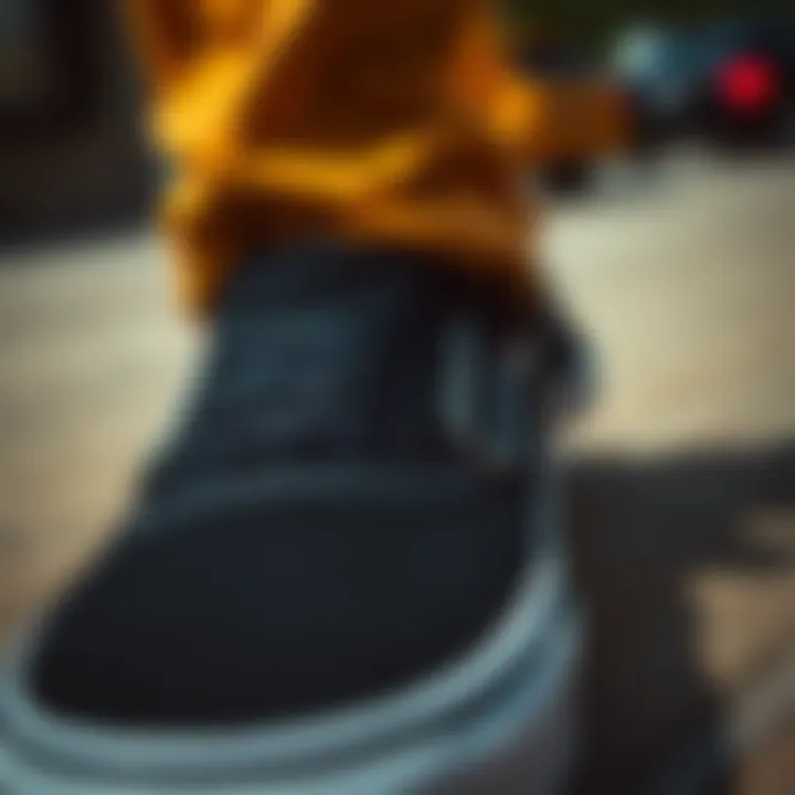 Detailed View of Black Slip-On Vans Close-up of black slip-on Vans showcasing the design detail