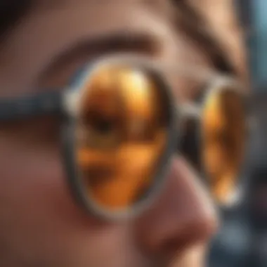 Close-up view of high-quality spy sunglasses lenses reflecting vibrant urban scenery